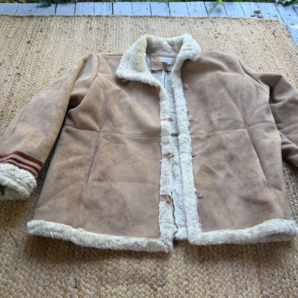 Vintage Coldwater Creek Tan Faux Suede Faux Fur Lined Coat Jacket Womens 2X Cozy